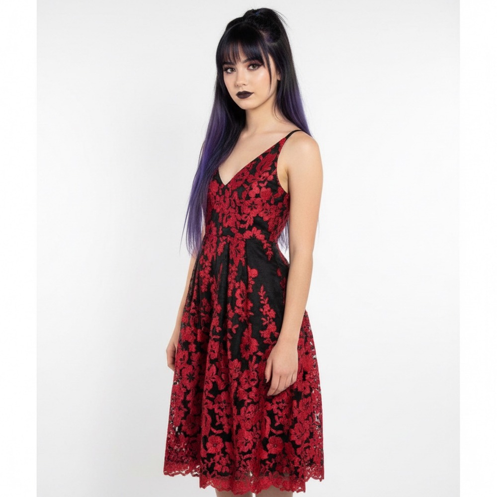 Eliza J Red Black Floral Whimsigoth Embroidered Fit Flare Midi Dress Sz0